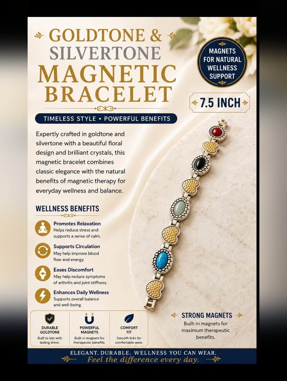 Goldtone & Silvertone Magnetic Bracelet with Multi-Colored Stones - 7.5"